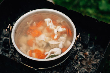 fish soup, bonfire, fishing pike