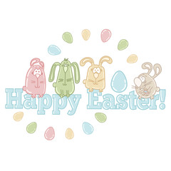 Vector easter greeting card with cute easter eggs, bunnies and words HAPPY EASTER!