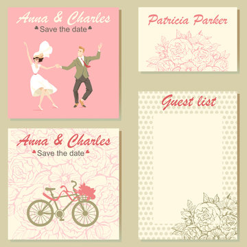 Set of wedding invitation cards with a floral pattern and a colorful illustration of a dancing couple. Templates
