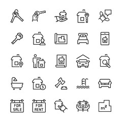 Simple icon set of real estate items in thin line style. Vector symbols.