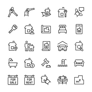 Simple icon set of real estate items in thin line style. Vector symbols.