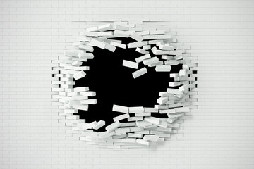 Fototapeta premium Explosion, destruction of a white brick wall, abstract background for Template content. 3d illustration.