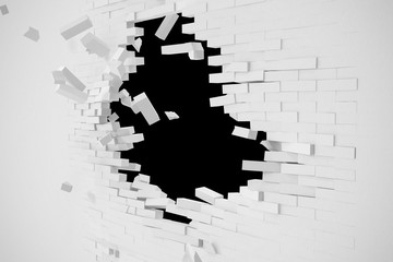Destruction of a white wall with blank text. 3d illustration