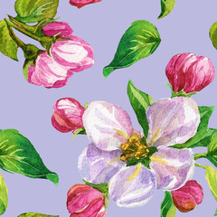 Watercolor seamless pattern. Flowers on a blossoming branch in the spring.