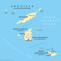 Anguilla, Saint-Martin, Sint Maarten and Saint Barthelemy political map. Islands in the Caribbean, part of Leeward Islands and Lesser Antilles. English labeling. Illustration. Vector.