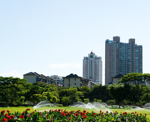 park and modern building in the city.