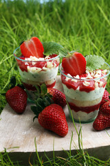A cup of strawberries and cake with whipped cream