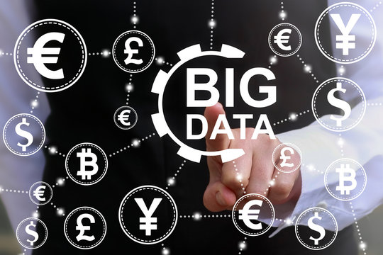 Big Data Finance concept. Financial information technology communication. Businessman touched gear big data icon on virtual screen on background of currencies. Trade exchange, money, stock market.