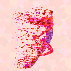 Dancing girl who is falling apart into pieces in the shape of a heart, vector.