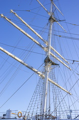 Fototapeta premium Mast and rigging of a sailing ship, Gorch Fock I, Stralsund, Germany