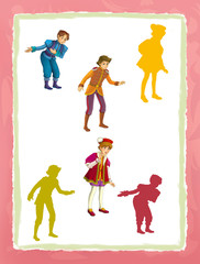 cartoon page with medieval characters king prince or servant game with shapes
