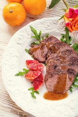 Pink fried duck breast