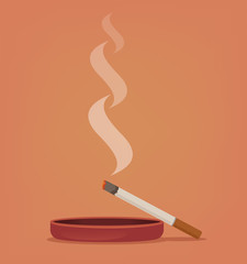 Smoking cigarette in ashtray. Vector flat cartoon illustration