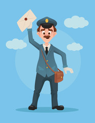 Happy smiling post man character hold envelope. Vector flat cartoon illustration