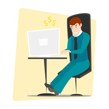 recommend clip art: Business man entrepreneur in a suit working on a computer er at his clean and sleek office desk.