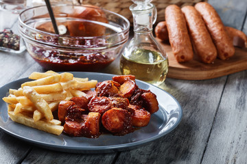 Traditional German currywurst - pieces of sausage with curry sauce