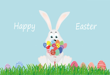 Cute rabbit with a bouquet of Easter eggs. A hare with flowers sits on the grass