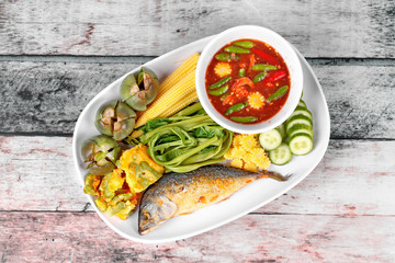 Spicy shrimp paste dip ,Nam Prik Kapi with side dish.