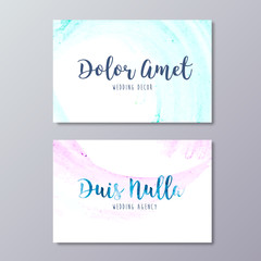 Premade wedding decor business card design. Hand drawn abstract watercolor texture and wedding agency branding templates