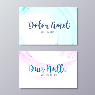 Premade wedding decor business card design. Hand drawn abstract watercolor texture and wedding agency branding templates
