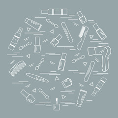 Vector illustration various accessories for the care of your body arranged in a circle: hairdryer, comb, cream, nail polish and other.