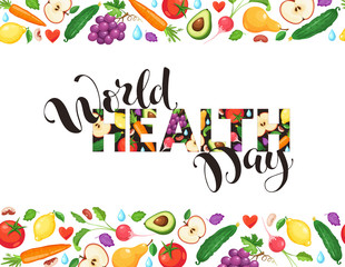 World health day poster with fresh fruits and vegetables isolated on white background. Horizontal composition from food.