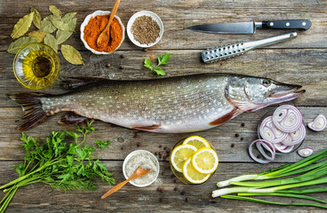 Fresh uncooked pike fish with lemon, herbs, oil and spices