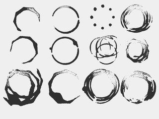 Set of Black Grunge Circle Stains, Shapes. Vector illustration. Hand Drawn Ink Circles Collection.
