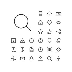 Search icon in set on the white background. Universal linear icons to use in web and mobile app.