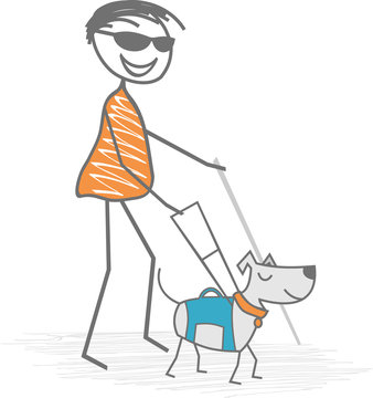 Un aveugle avec une canne blanche est assisté par un chien