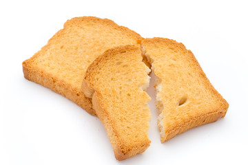 Slices of toast bread on wooden table, top view.