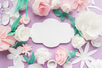 Vintage frame. Flowers paper origami decoration background for modern backdrop design from paper with varieties flowers