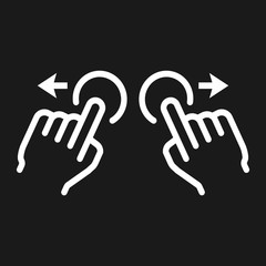 Two hand zoom in line icon, touch and hand gestures, mobile interface vector graphics, a linear pattern on a black background, eps 10.