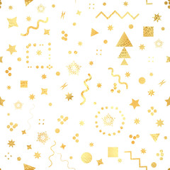 Trendy geometric elements memphis card. Seamless memphis pattern for tissue and postcards. Hipster poster, golden color background. Shiny backdrop. Vector illustration