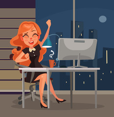 Office worker woman character yawns at workplace. Vector flat cartoon illustration
