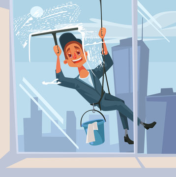 Happy smiling washer employee man character wash the window. Vector flat  cartoon illustration Stock Vector | Adobe Stock