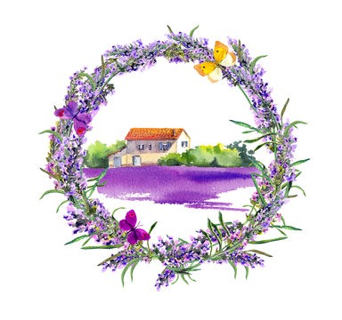 Rural farm - provencal house, lavender flowers field. Watercolor