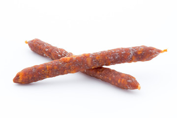 Smoked sausage salami isolated on a white background.