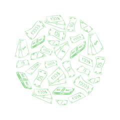 Green Doodle Drawings of Dollars Arranged in a Shape of a  Circle. Hand Drawn Banknotes. Sketch Style. Vector Illustration.