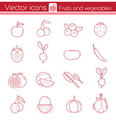 Red fruits and vegetables, Line vector icons, Sign and symbol. © ziiinvn