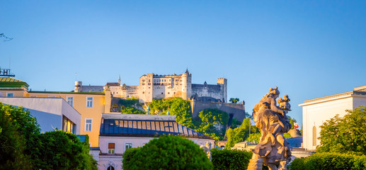 Fototapeta premium Beautiful view of Fortress Hohensalzburg from famous Mirabell Garden in Salzburg, Austria