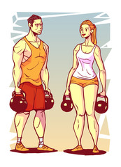 Man and woman with kettlebells, Vector infographic illustration.