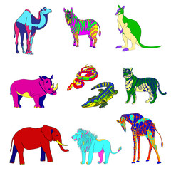 Vector illustration, the image of animals, animals. Multicolored silhouettes. Elephant, kangaroo, camel, lion, zebra, rhinoceros, giraffe, snake, crocodile and tiger