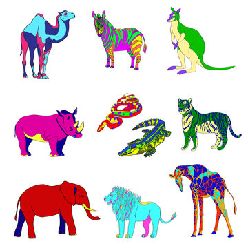 Vector illustration, the image of animals, animals. Multicolored silhouettes. Elephant, kangaroo, camel, lion, zebra, rhinoceros, giraffe, snake, crocodile and tiger