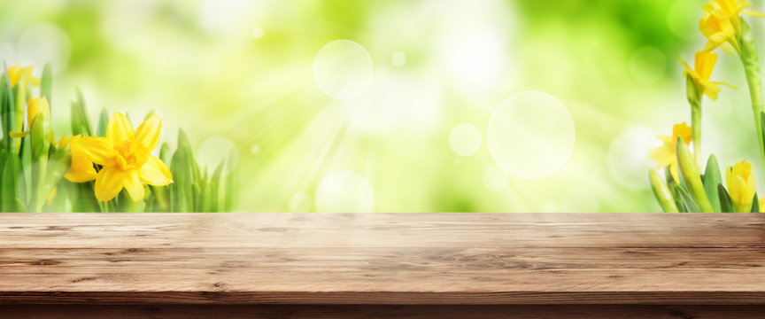 Radiant green spring background with wooden table