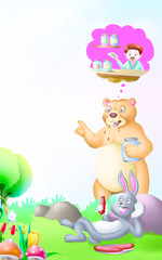 bear eating honey and rabbit eating carrot