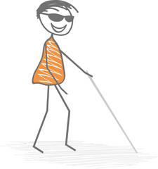 Un homme handicapé, aveugle, marche en s'aidant d'une canne blanche