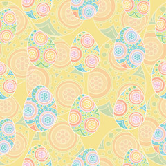 Seamless pattern of colorful eggs on yellow background. Decorative Easter eggs. Background for card, textile