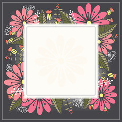 Design spring template. Card with white square frame and herb. Abstract spring plants, leaves and flowers.