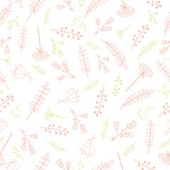 Seamless pattern with hand drawn line herbs and flowers. Colorful outline elements on white background.